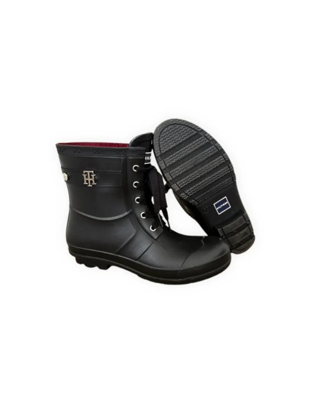 Tommy Hilfiger Black Lace-Up Rain Boot Burgundy Lining Size 10M Waterproof